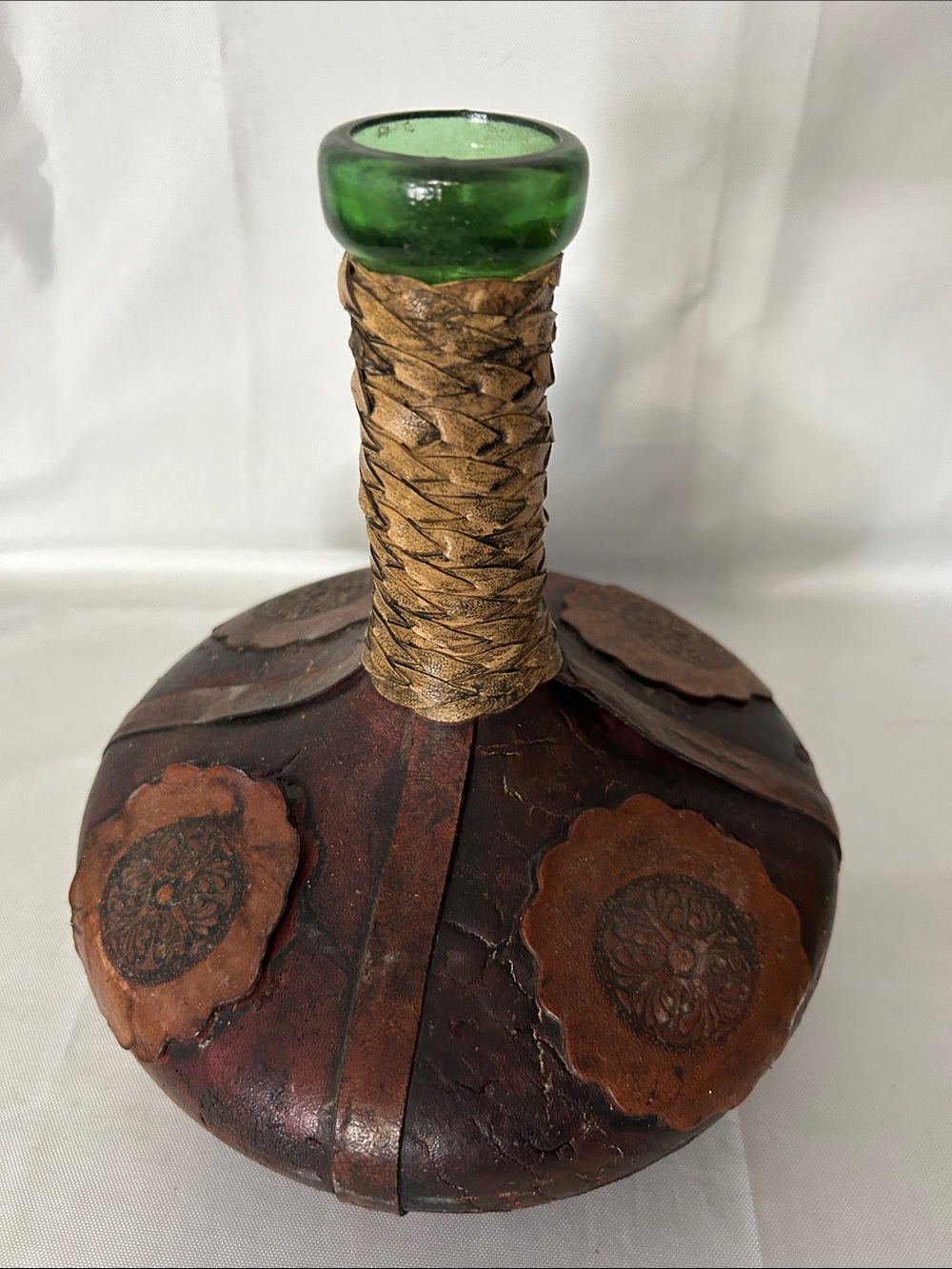 vintage Italian wine decanter covered in hand-tooled brown leather - no stopper